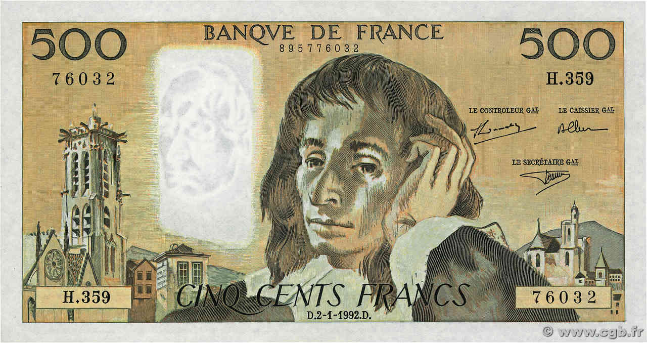 500 Francs PASCAL FRANCE  1992 F.71.49 UNC-
