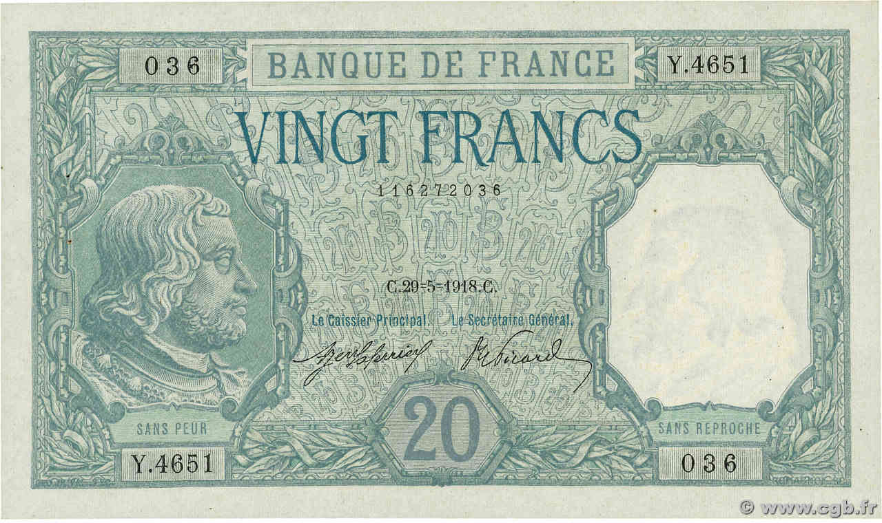 20 Francs BAYARD FRANCE  1918 F.11.03 SPL