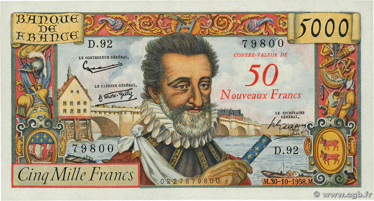 50 NF sur 5000 Francs HENRI IV FRANCIA  1958 F.54.01 SC
