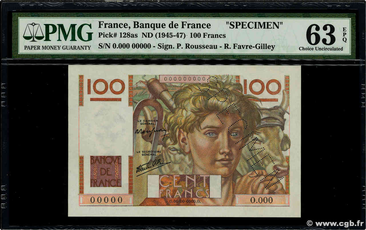 100 Francs JEUNE PAYSAN Spécimen FRANCE  1945 F.28.01Sp pr.NEUF
