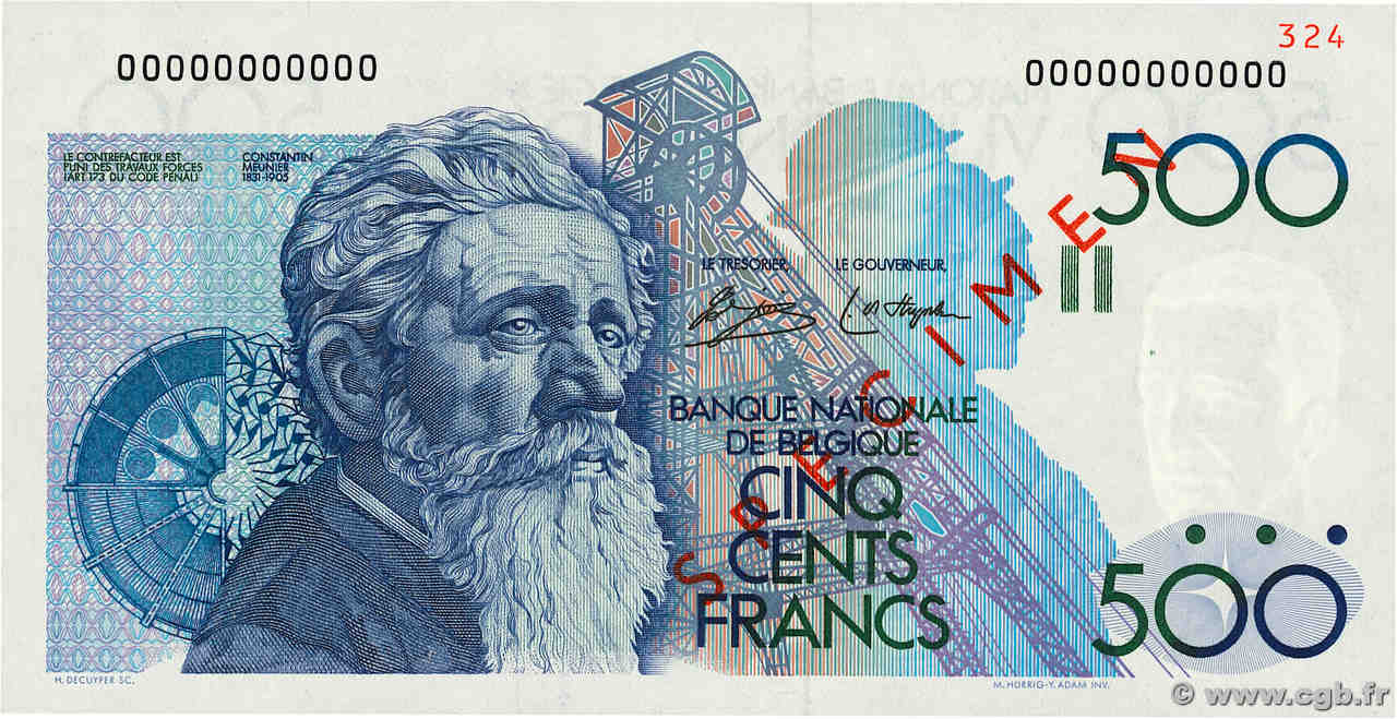 500 Francs Spécimen BELGIO  1980 P.141s AU+