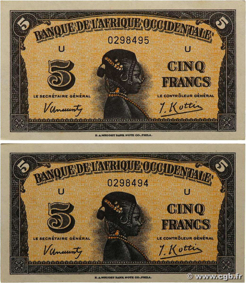 5 Francs Consécutifs FRENCH WEST AFRICA  1942 P.28a UNC-