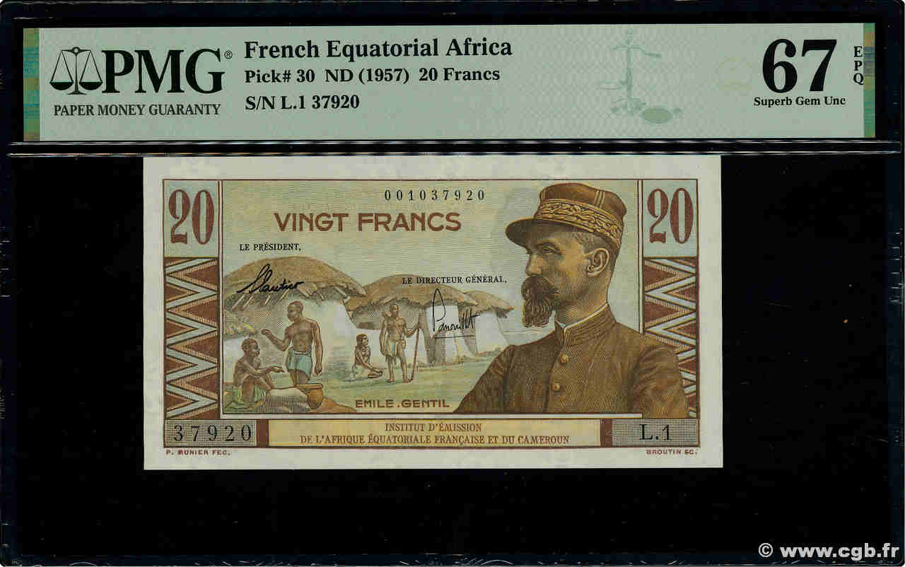 20 Francs Émile Gentil IE AFRIQUE ÉQUATORIALE FRANÇAISE  1957 A.139a FDC