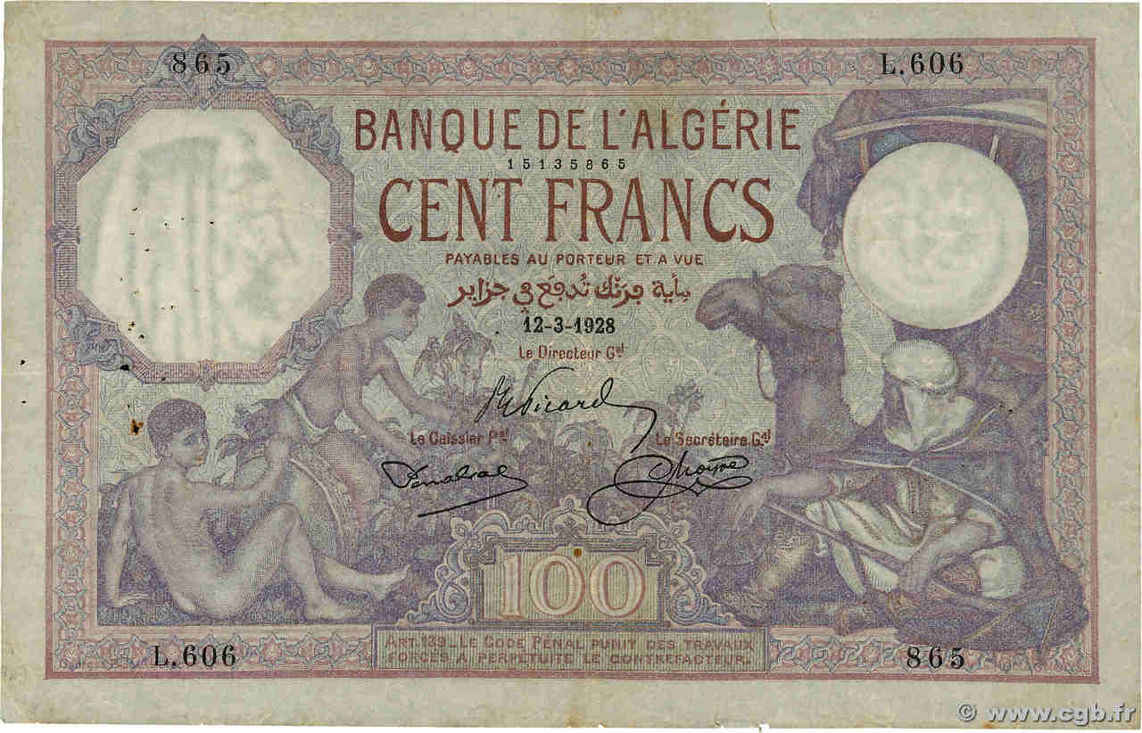 100 Francs ALGÉRIE  1928 P.081b TB