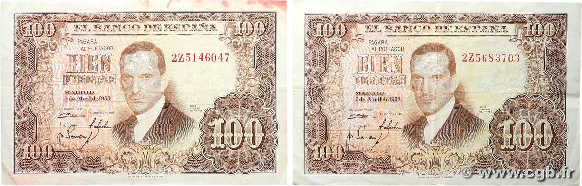 100 Pesetas Lot SPAGNA  1953 P.145 BB