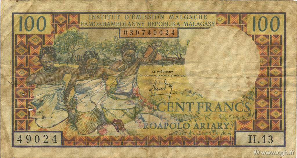 100 Francs - 20 Ariary MADAGASKAR  1964 P.057a fS