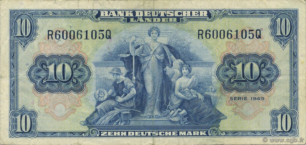 10 Deutsche Mark GERMAN FEDERAL REPUBLIC  1949 P.16a VF