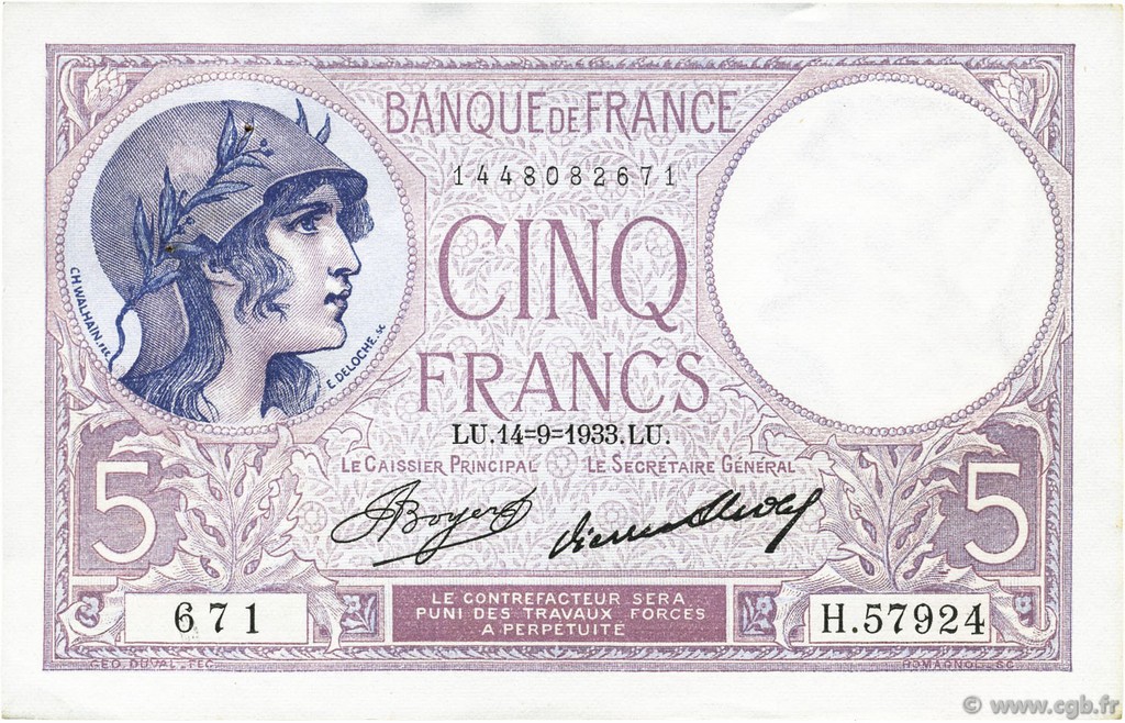 5 Francs FEMME CASQUÉE FRANCE  1933 F.03.17 SPL