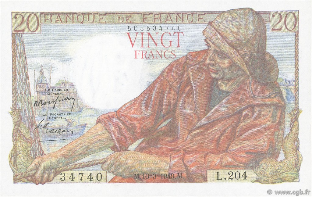 20 Francs PÊCHEUR FRANCE  1949 F.13.14 UNC-