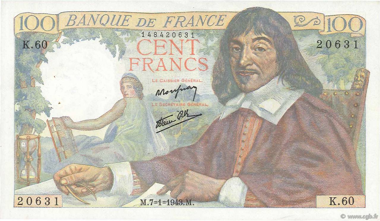 100 Francs DESCARTES FRANCIA  1943 F.27.03 MBC+