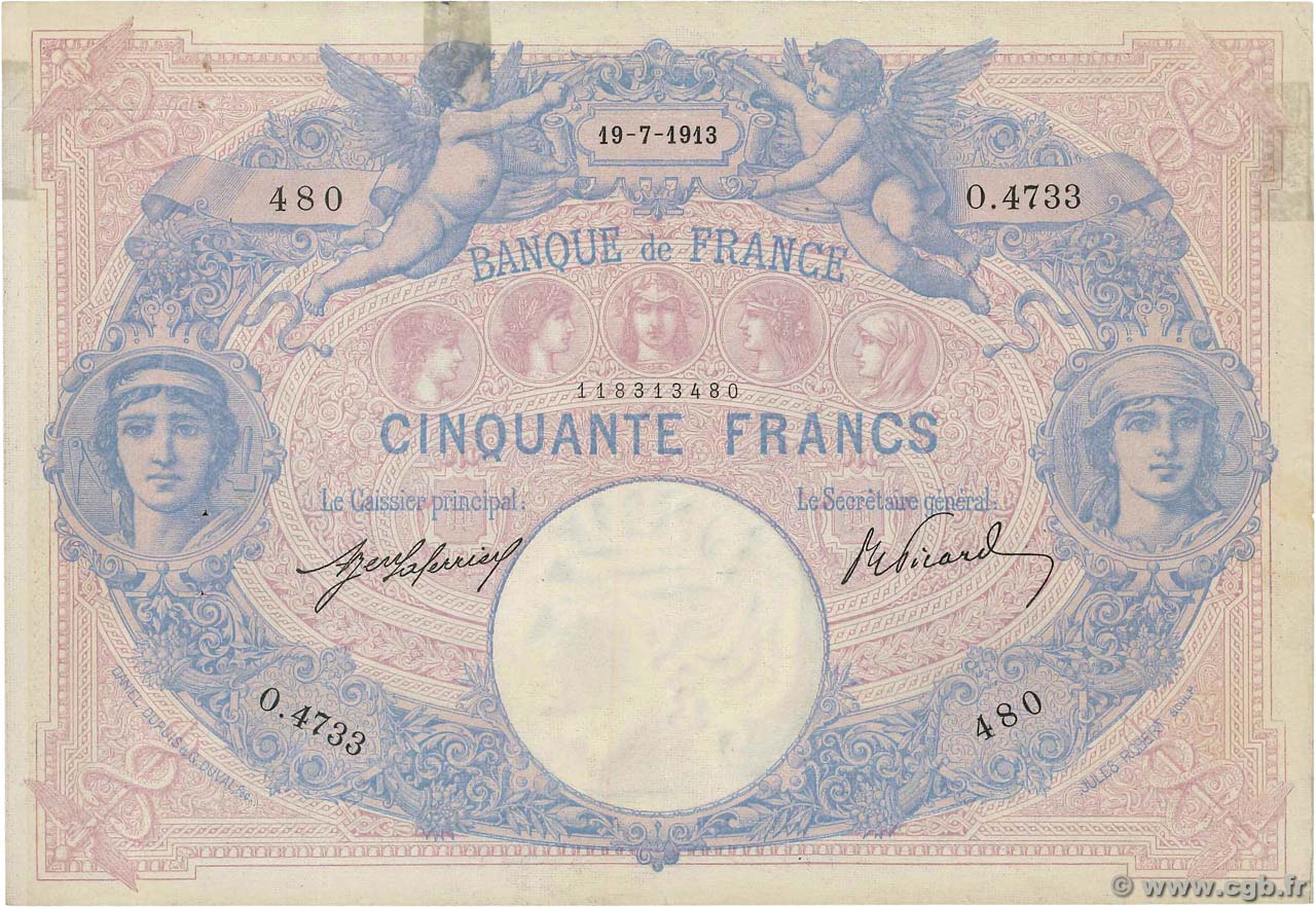 50 Francs BLEU ET ROSE FRANCIA  1913 F.14.26 MBC