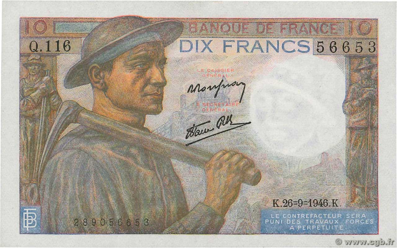 10 Francs MINEUR FRANCE  1946 F.08.15 SPL
