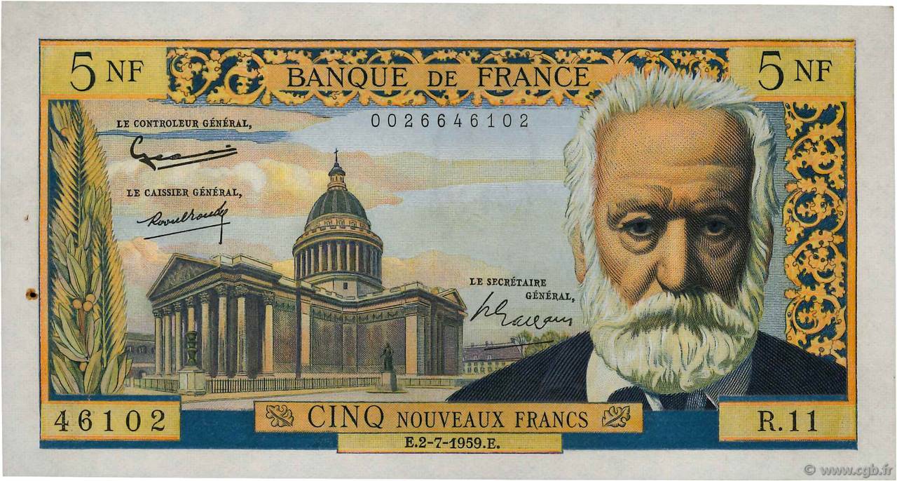 5 Nouveaux Francs VICTOR HUGO FRANCE  1959 F.56.02 SUP+