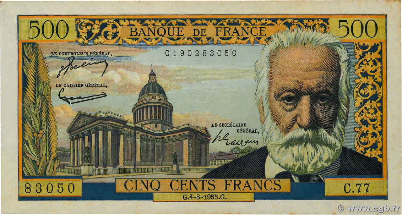 500 Francs VICTOR HUGO FRANCE  1955 F.35.05 AU-