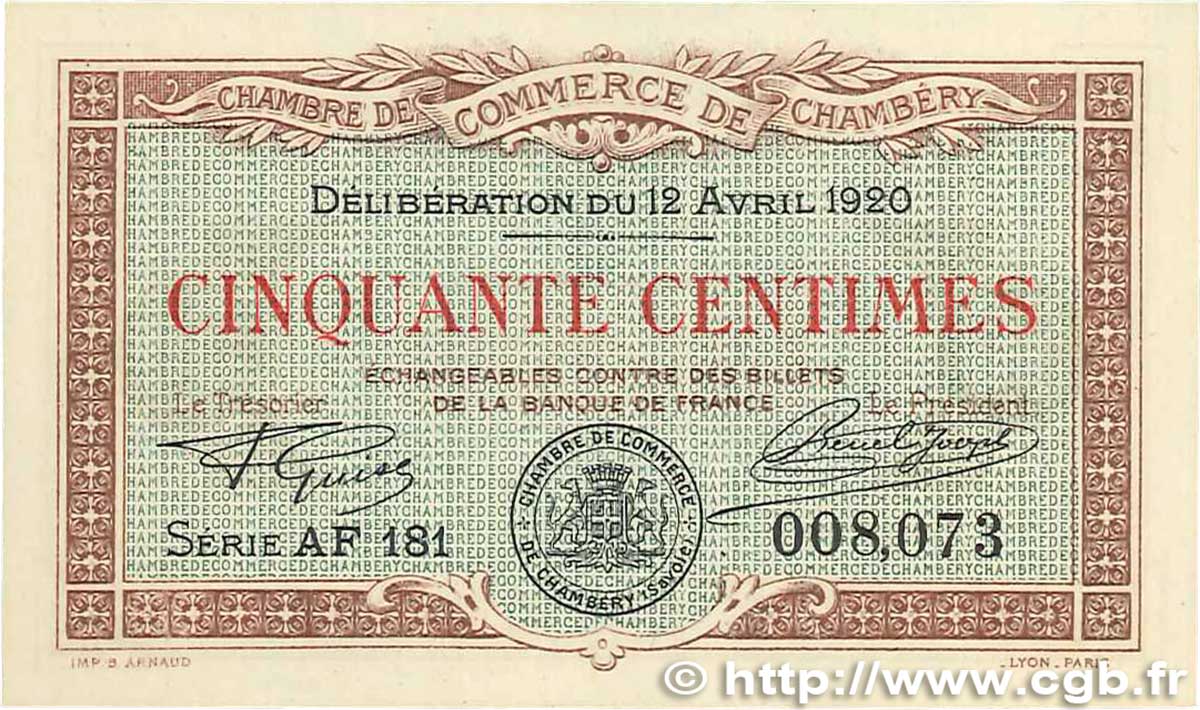 50 Centimes FRANCE regionalism and miscellaneous Chambéry 1920 JP.044.12 UNC-