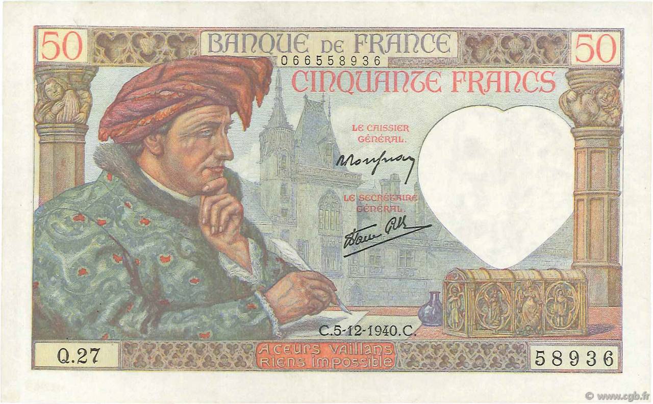 50 Francs JACQUES CŒUR FRANCIA  1940 F.19.04 MBC