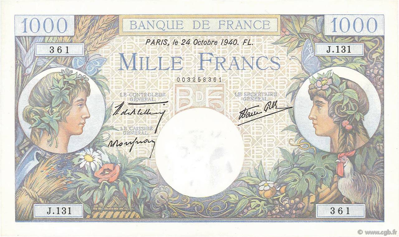 1000 Francs COMMERCE ET INDUSTRIE FRANCIA  1940 F.39.01 SC+
