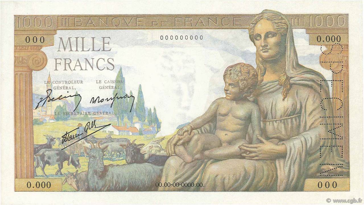 1000 Francs DÉESSE DÉMÉTER Spécimen FRANCIA  1942 F.40.01Sp SC+