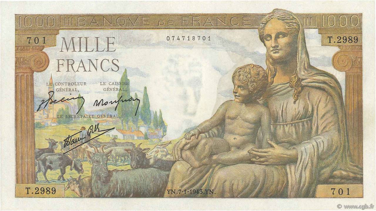1000 Francs DÉESSE DÉMÉTER FRANCIA  1943 F.40.15 SC+