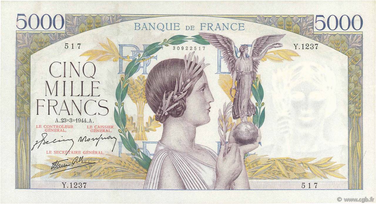 5000 Francs VICTOIRE Impression à plat FRANCIA  1944 F.46.50 EBC