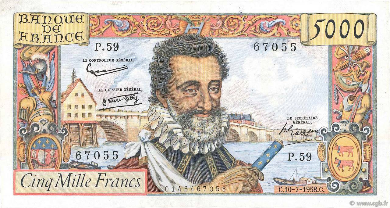 5000 Francs HENRI IV FRANCE  1958 F.49.07 pr.SUP