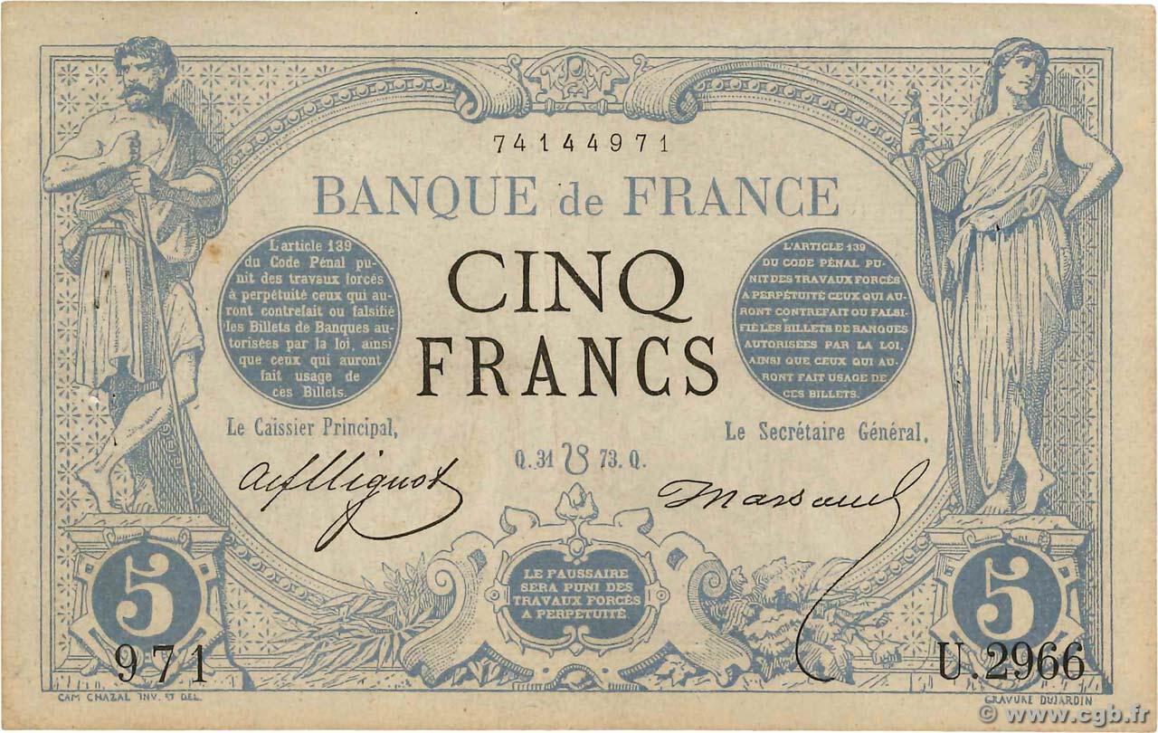 5 Francs NOIR FRANCE  1873 F.01.20 VF+