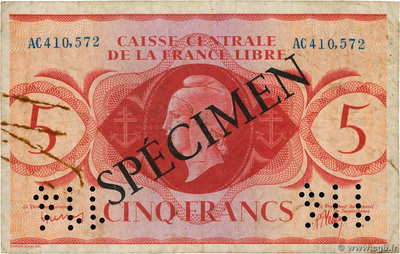 5 Francs Marianne CCFL Spécimen AFRIQUE ÉQUATORIALE FRANÇAISE Brazzaville 1944 A.118bS1 BC