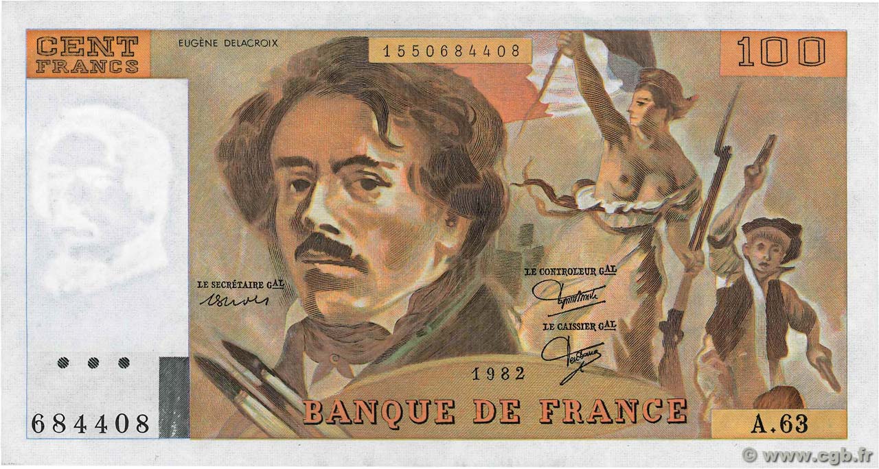 100 Francs DELACROIX modifié FRANCE  1982 F.69.06 AU+