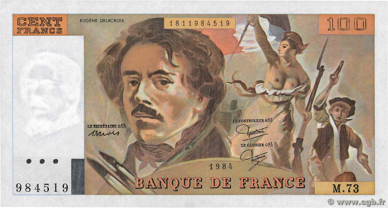 100 Francs DELACROIX modifié FRANCE  1984 F.69.08a UNC-