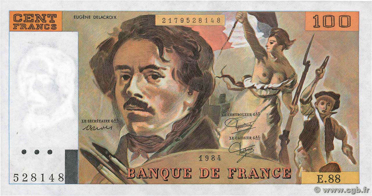 100 Francs DELACROIX modifié FRANCE  1984 F.69.08b AU