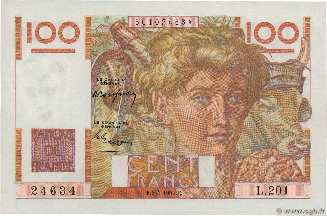100 Francs JEUNE PAYSAN FRANCE  1947 F.28.14 NEUF