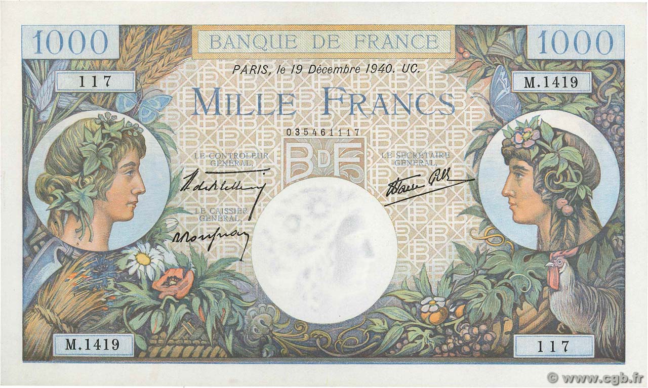 1000 Francs COMMERCE ET INDUSTRIE FRANCE  1940 F.39.03 pr.SPL
