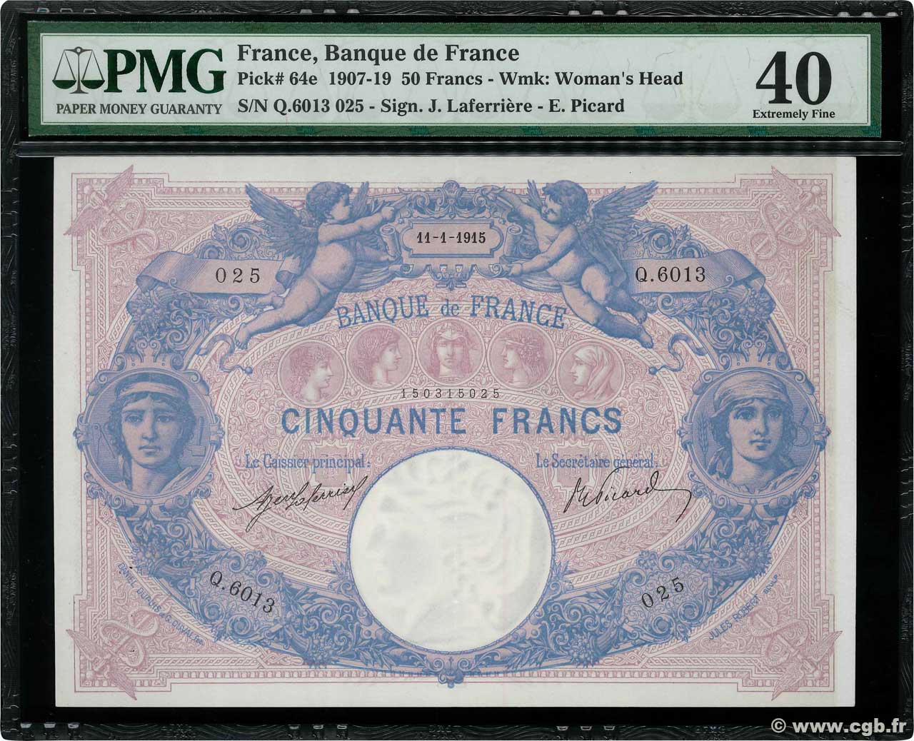 50 Francs BLEU ET ROSE FRANCE  1915 F.14.28 SUP+