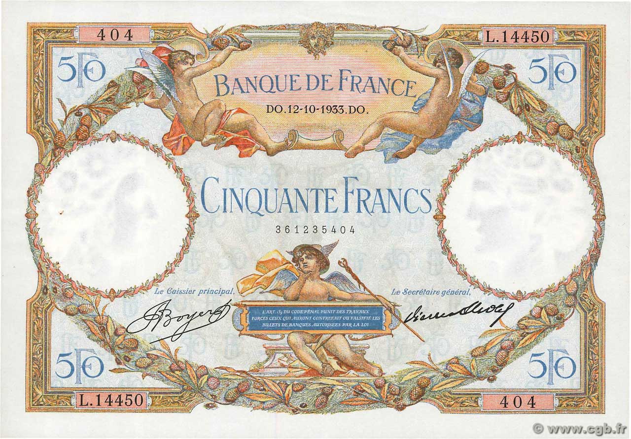 50 Francs LUC OLIVIER MERSON type modifié FRANCE  1933 F.16.04 pr.SPL