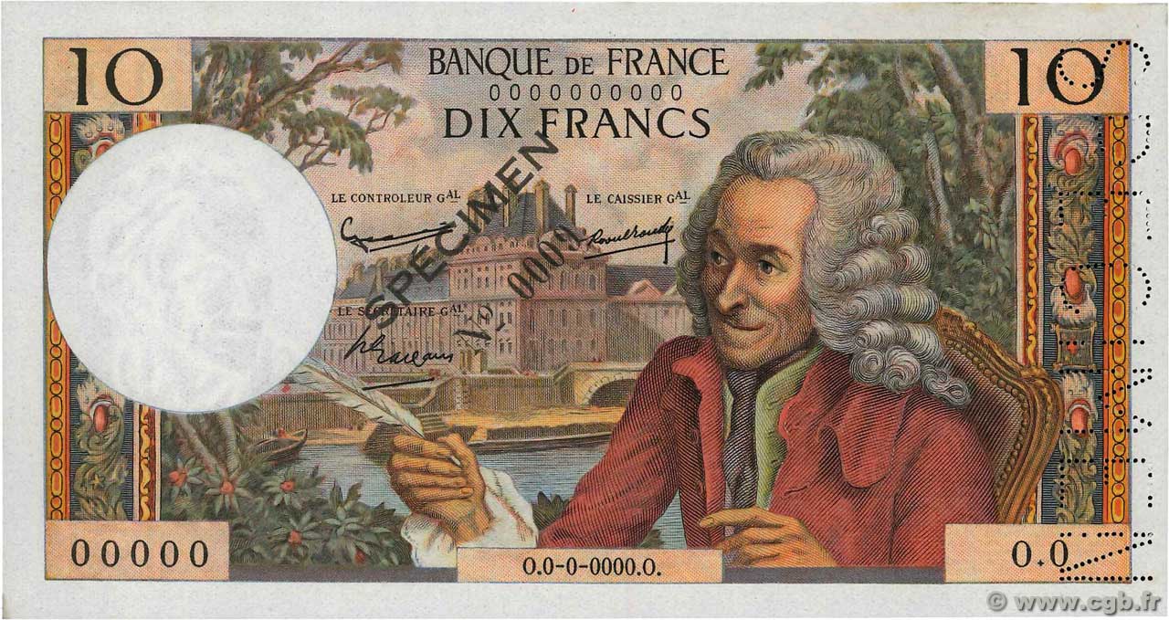 10 Francs VOLTAIRE Spécimen FRANCIA  1963 F.62.01Spn SC+