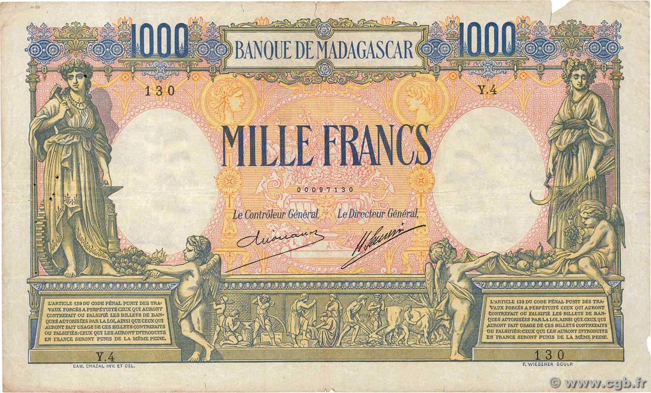 1000 Francs MADAGASCAR  1926 P.042 TB