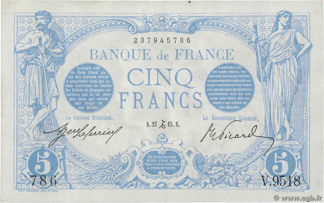 5 Francs BLEU FRANCIA  1915 F.02.34 EBC+