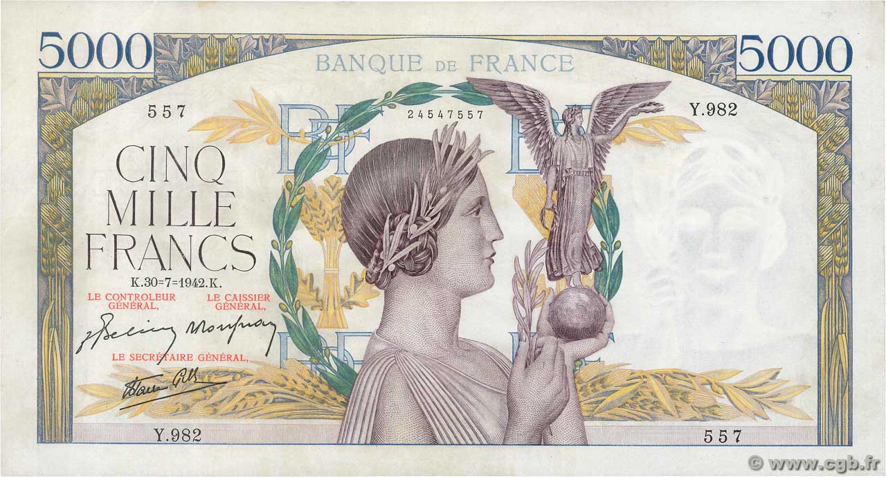 5000 Francs VICTOIRE Impression à plat FRANCE  1942 F.46.39 XF