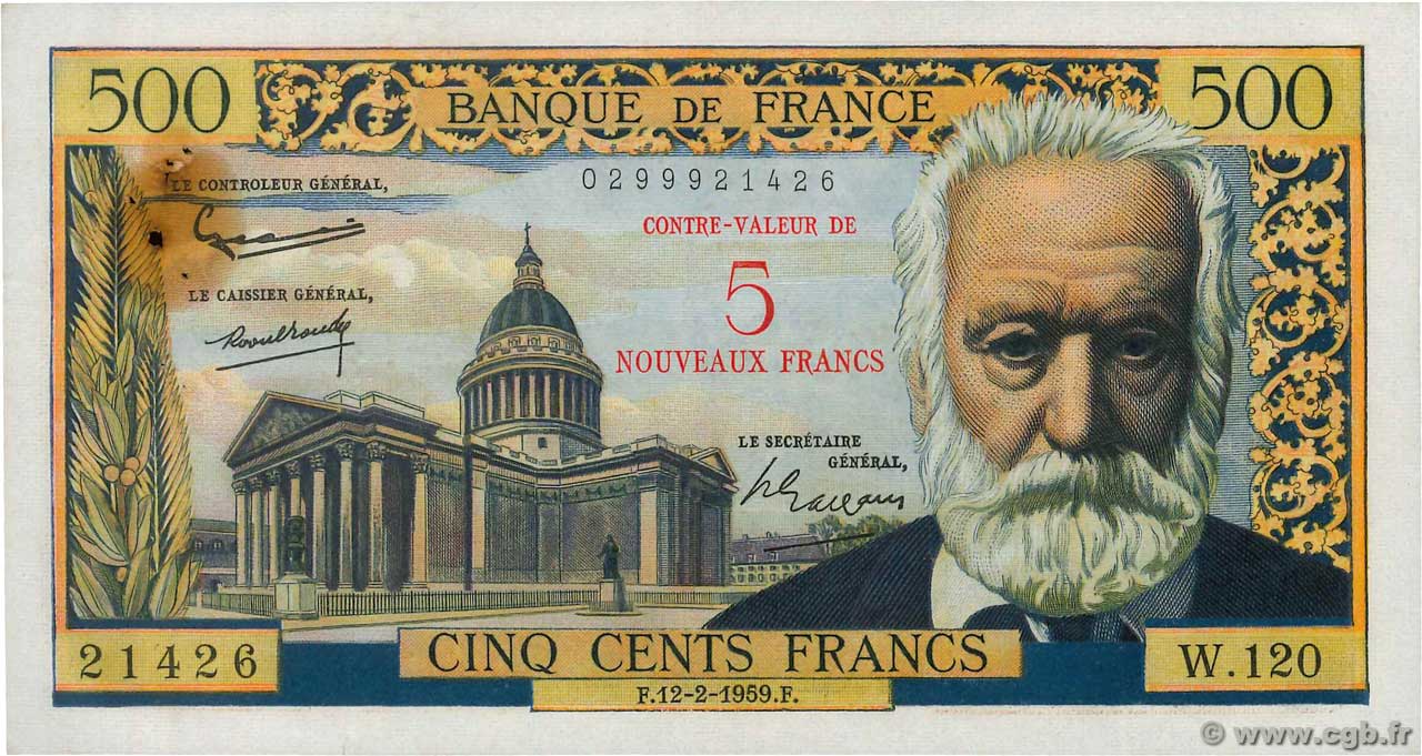 5 NF sur 500 Francs Victor HUGO FRANCE  1959 F.52.02 VF