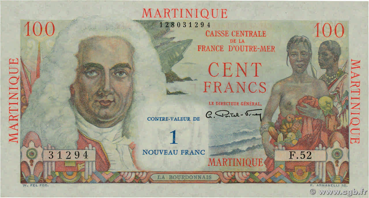 1 NF sur 100 Francs La Bourdonnais MARTINIQUE  1960 P.37 SC+