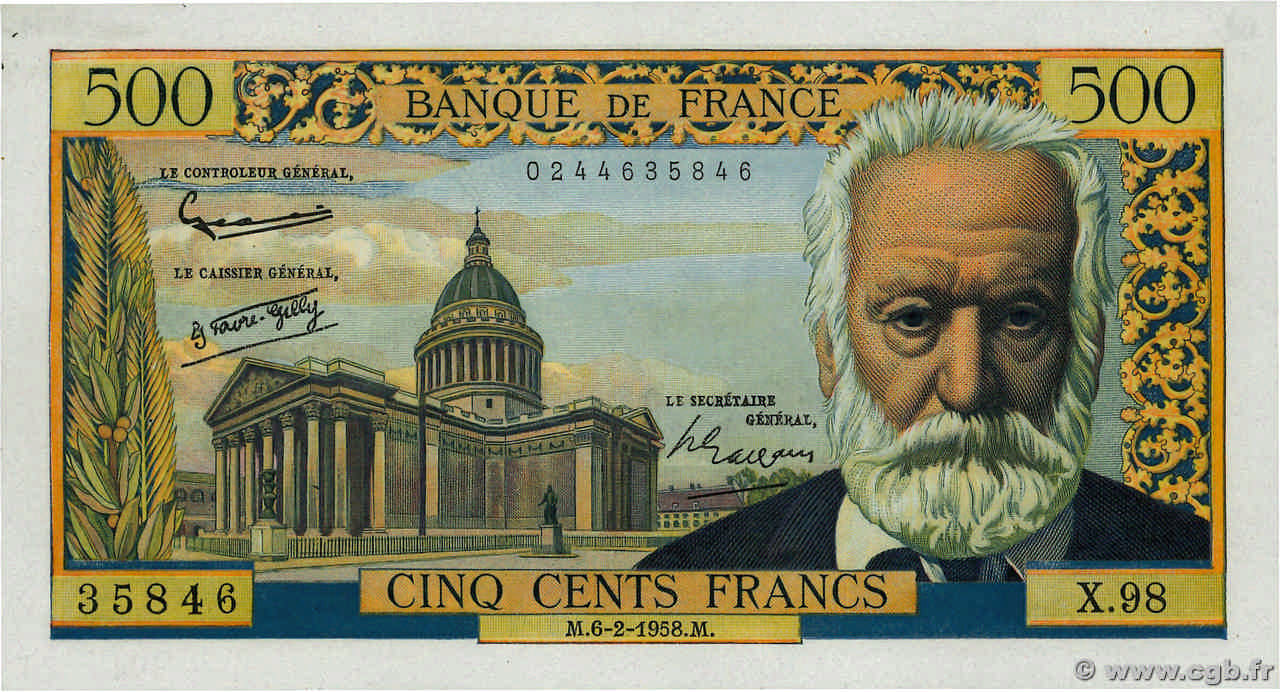 500 Francs VICTOR HUGO FRANCIA  1958 F.35.08 SPL+
