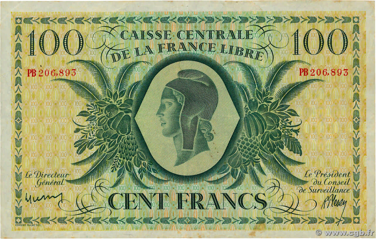 100 Francs Marianne CCFL AFRIQUE ÉQUATORIALE FRANÇAISE Brazzaville 1945 A.121b MBC