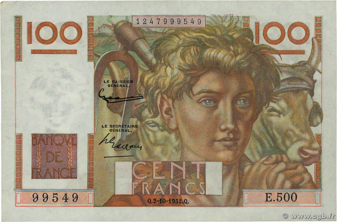 100 Francs JEUNE PAYSAN filigrane inversé FRANCIA  1952 F.28bis.01 EBC+