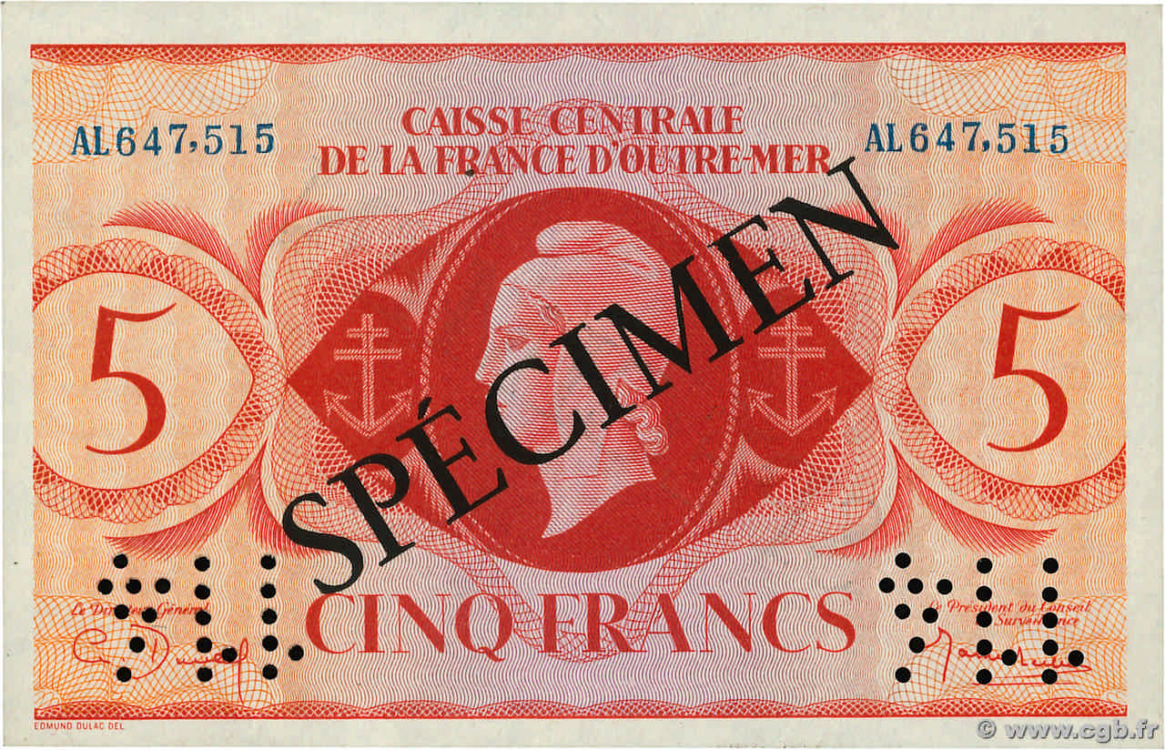 5 Francs Marianne CCFOM Spécimen AFRIQUE ÉQUATORIALE FRANÇAISE  1944 A.124aS2 UNC