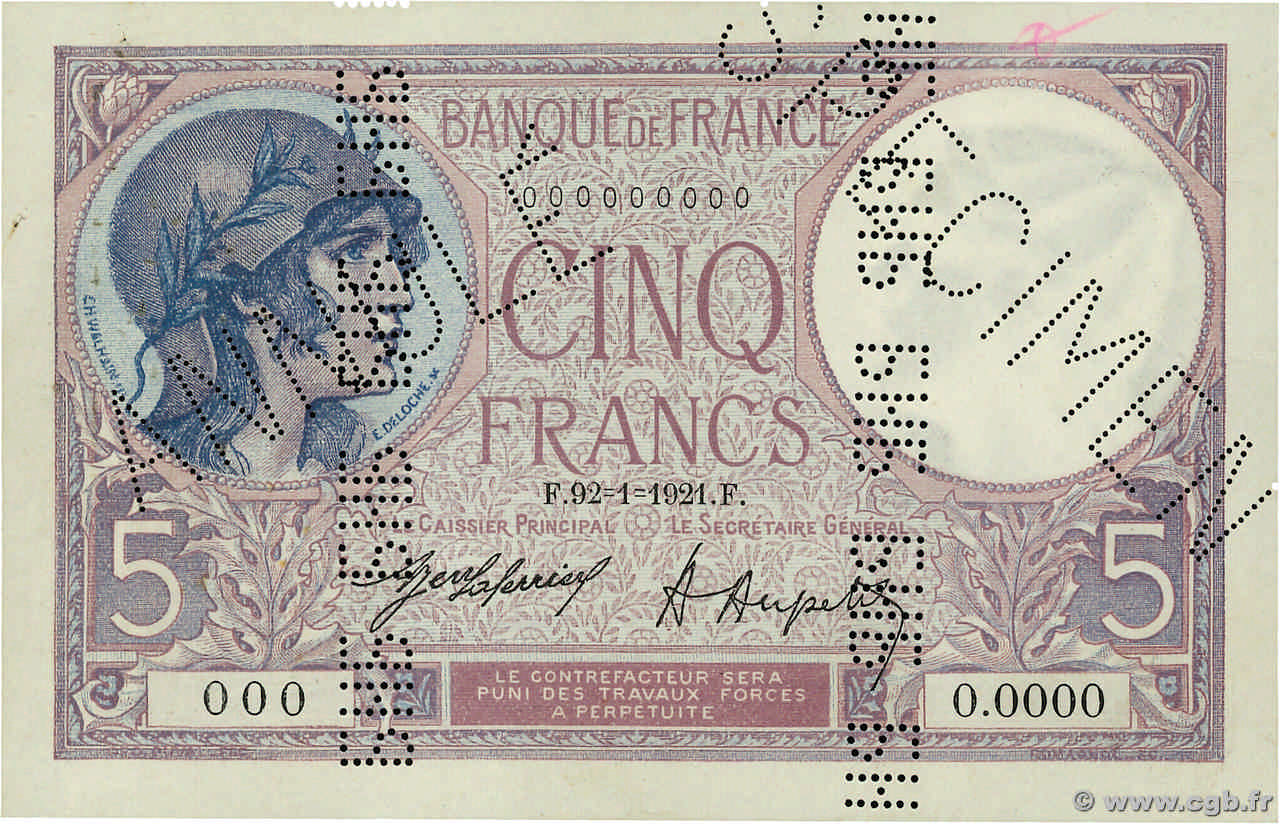 5 Francs FEMME CASQUÉE Spécimen FRANCE  1921 F.03.05Sp XF+