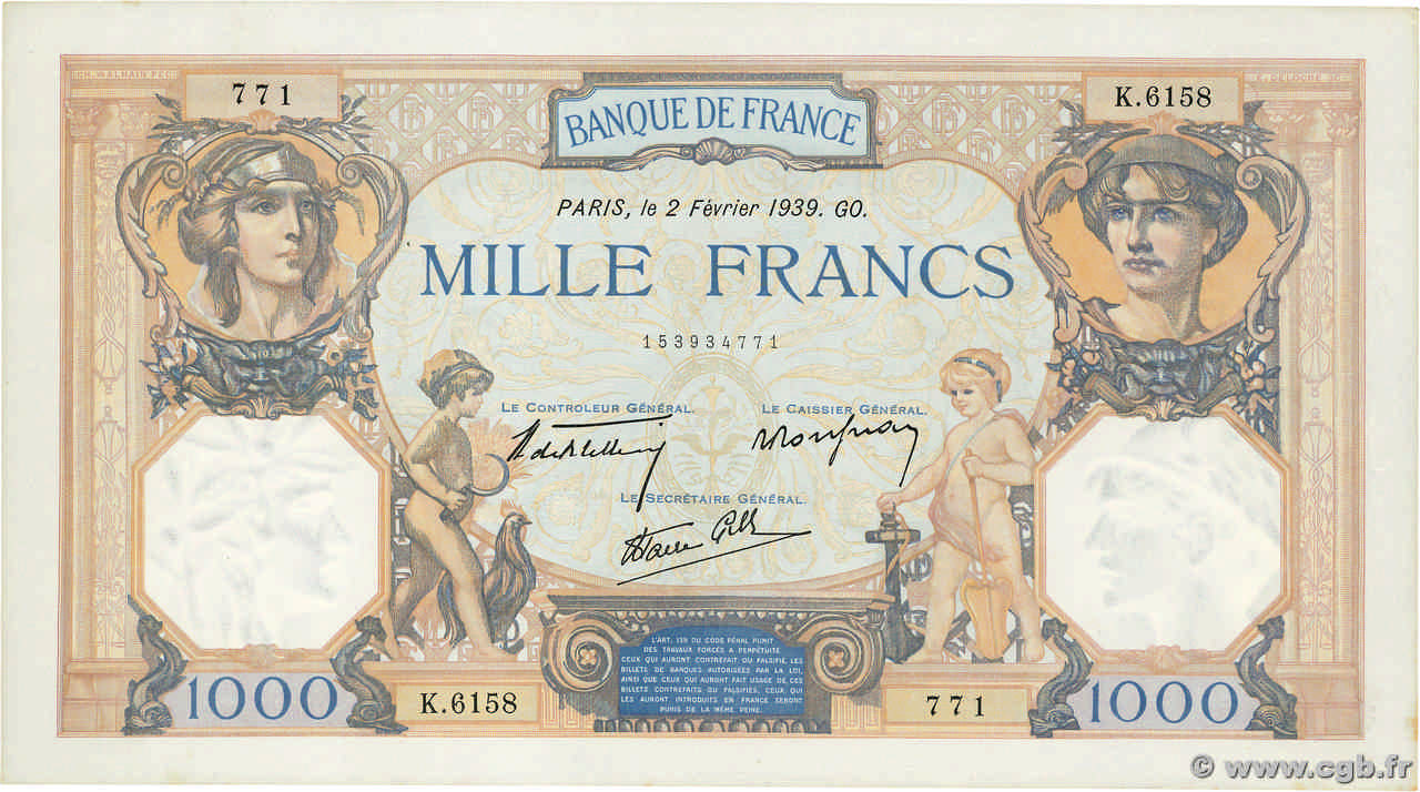 1000 Francs CÉRÈS ET MERCURE type modifié FRANCE  1939 F.38.34 AU