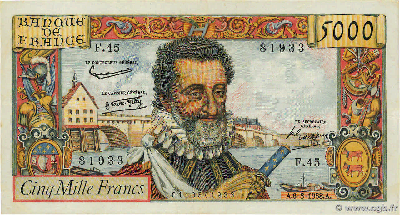 5000 Francs HENRI IV FRANCE  1958 F.49.06 VF