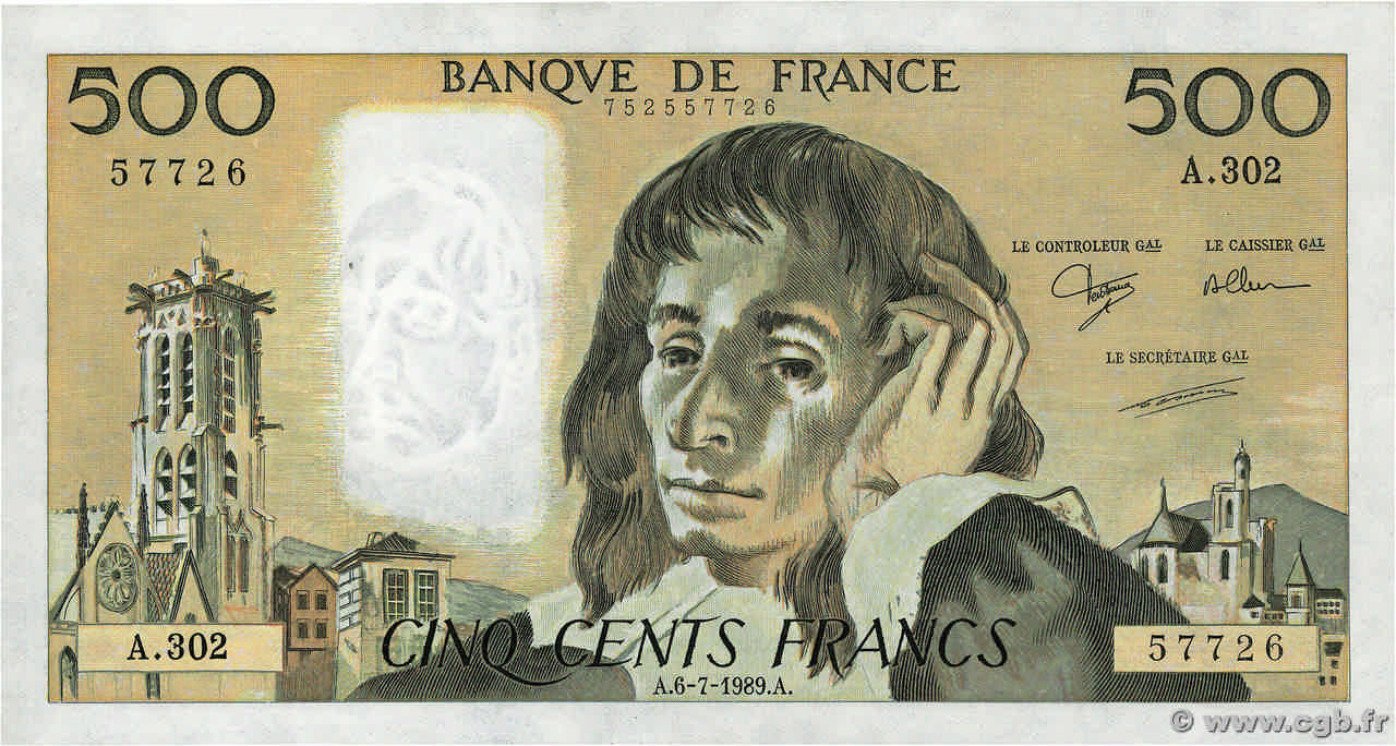 500 Francs PASCAL FRANCE  1989 F.71.42 AU+
