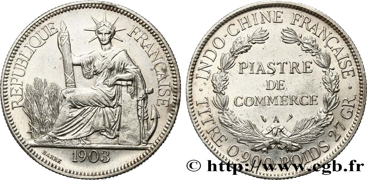 FRENCH INDOCHINA 1 Piastre de Commerce 1903 Paris AU 