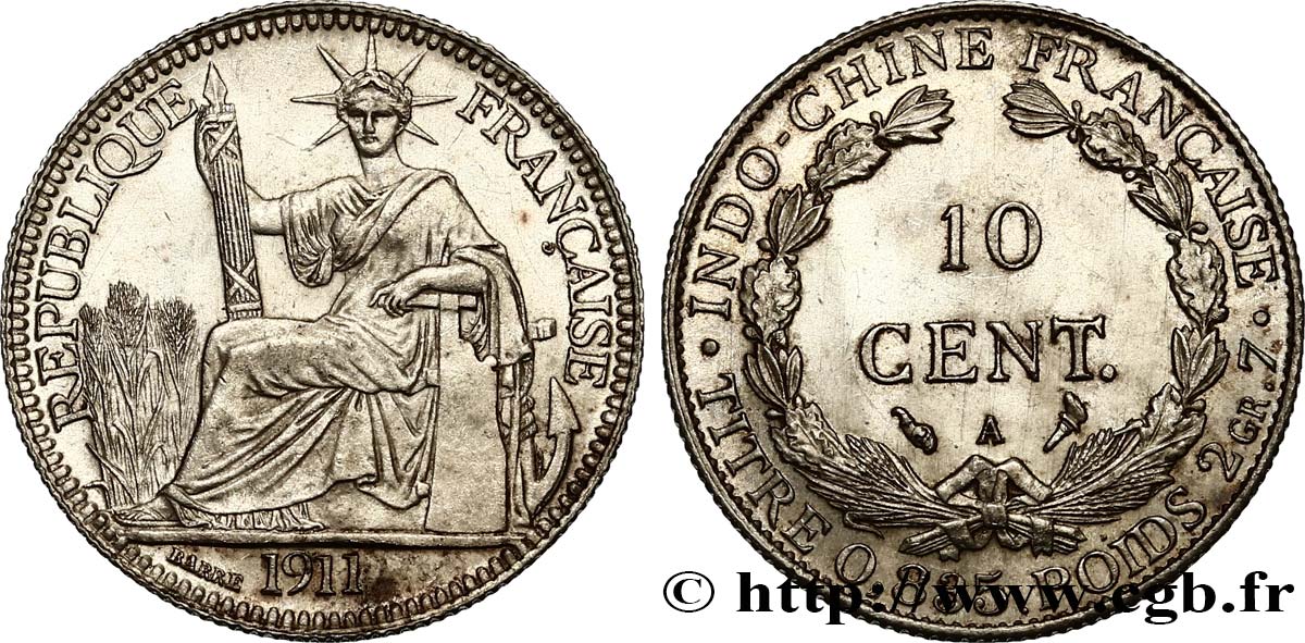 FRENCH INDOCHINA 10 Centièmes 1911 Paris MS 
